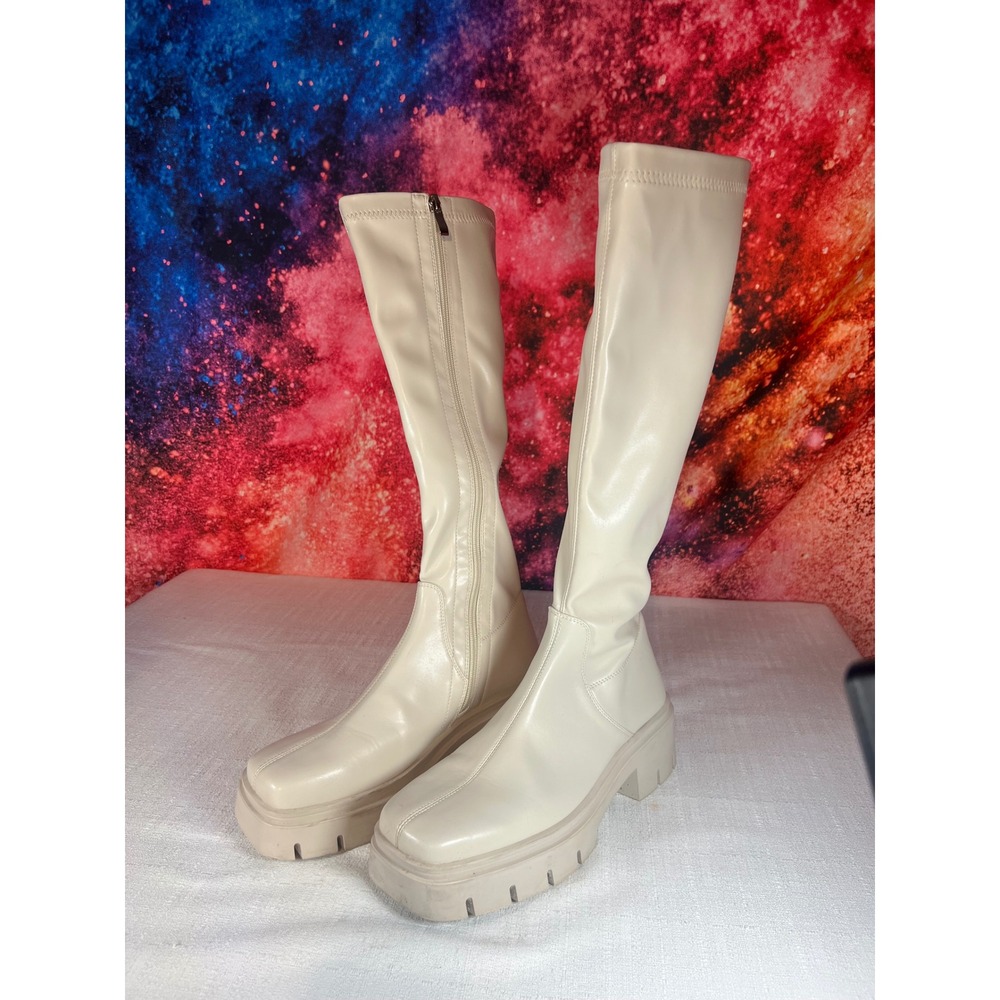 Vivianly Womens Cream Faux Leather Square Toe Lug Sole Knee High Boots Size 7